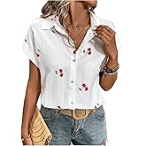 SweatyRocks Women's Cherry Print Short Sleeve Blouse Collar Button Down Textured Casual Shirts