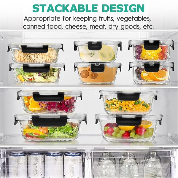 34PCS GLASS FOOD STORAGE CONTAINERS WITH LIDS SET, AIRTIGHT GLASS MEAL PREP CONTAINERS (17 CONTAINERS & 17 LIDS), LEAK PROOF LUNCH CONTAINER BPA-FREE, MICROWAVE, OVEN, FREEZER, DISHWASHER SAFE-BLACK