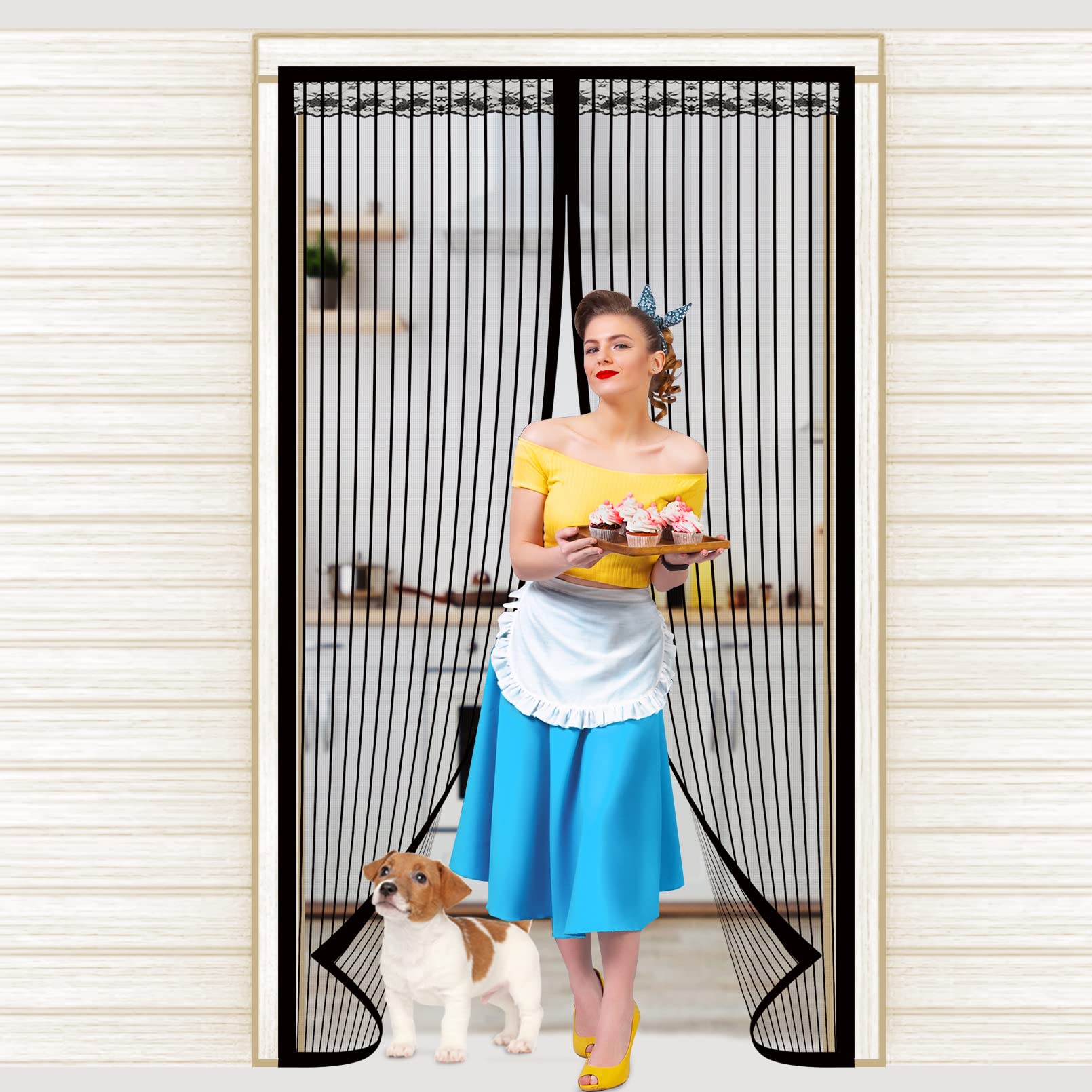 Magnetic Screen Door Heavy Duty, Fits Doors 35 x 80, 36 x 80, 36 x 82, 38 x 80, 38 x 82 inches, Net with Magnets Hands-Free Reinforced Mesh Curtain with Full Frame Magic Tape (Black)