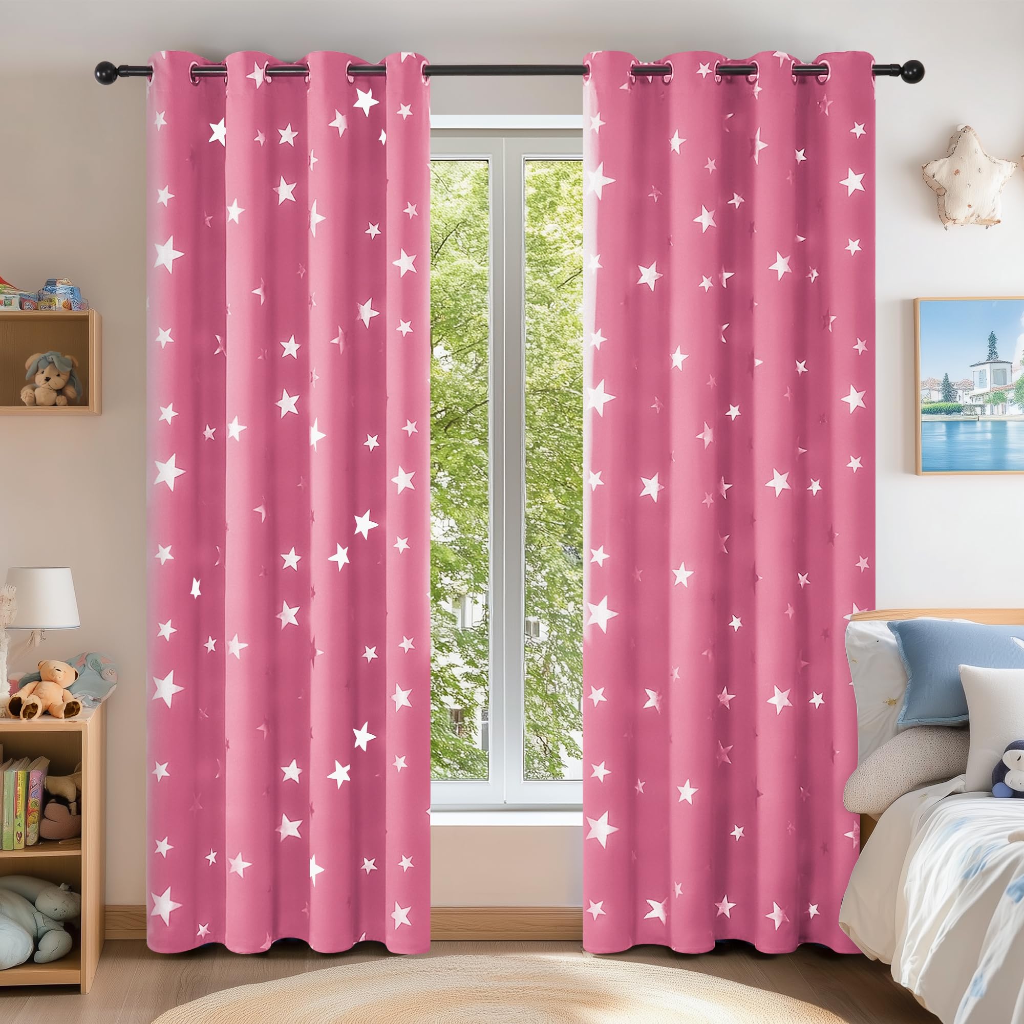 Deconovo Home Decorative Star Foil Printed Thermal Insulated Blackout Curtains Eyelet Blackout Curtains for Girls Bedroom Pink W55xL95 Inches 2 Panels