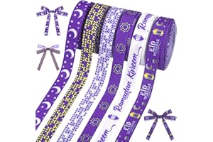 6 PCS Purple Ramadan Ribbons 3/8" Eid Mubarak Decor Ribbons Moon Star Words Lantern Grosgrain Ribbons for Eid Ramadan Decorat