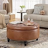 FiveWillowise 30 Inch Large Round Ottoman with Storage, Modern Leather Ottoman Coffee Table with Lift Top, Upholstered Button