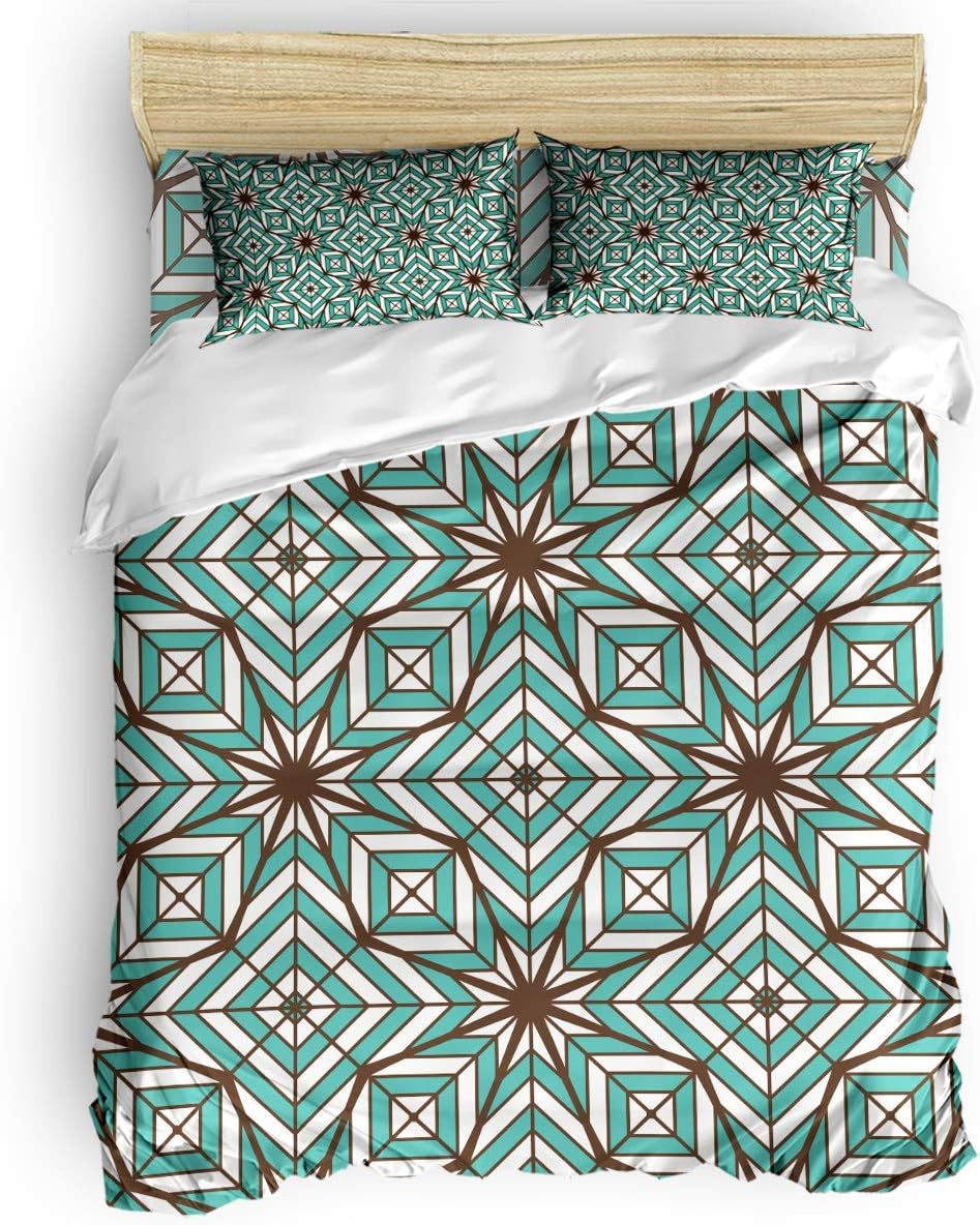 Soefipok Microfiber Bedding 3 Piece Sets, Arabic Ethnic Vintage Geometry Pattern Lightweight Comforter Cover Flat Sheet 2 Pillowcases, Duvet Cover Set