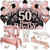 50th Birthday Decorations for Women, 49pcs Black Rose Gold Black Happy 50th Birthday Banner, Tablecloth, Butterfly Decor, Sash and Tiara, Cake Topper, Candles, Balloons Arch