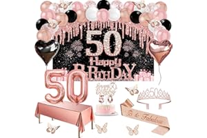 50th Birthday Decorations for Women, 49pcs Black Rose Gold Happy 50th Birthday Banner, Tablecloth, Butterfly Decor, Sash and 