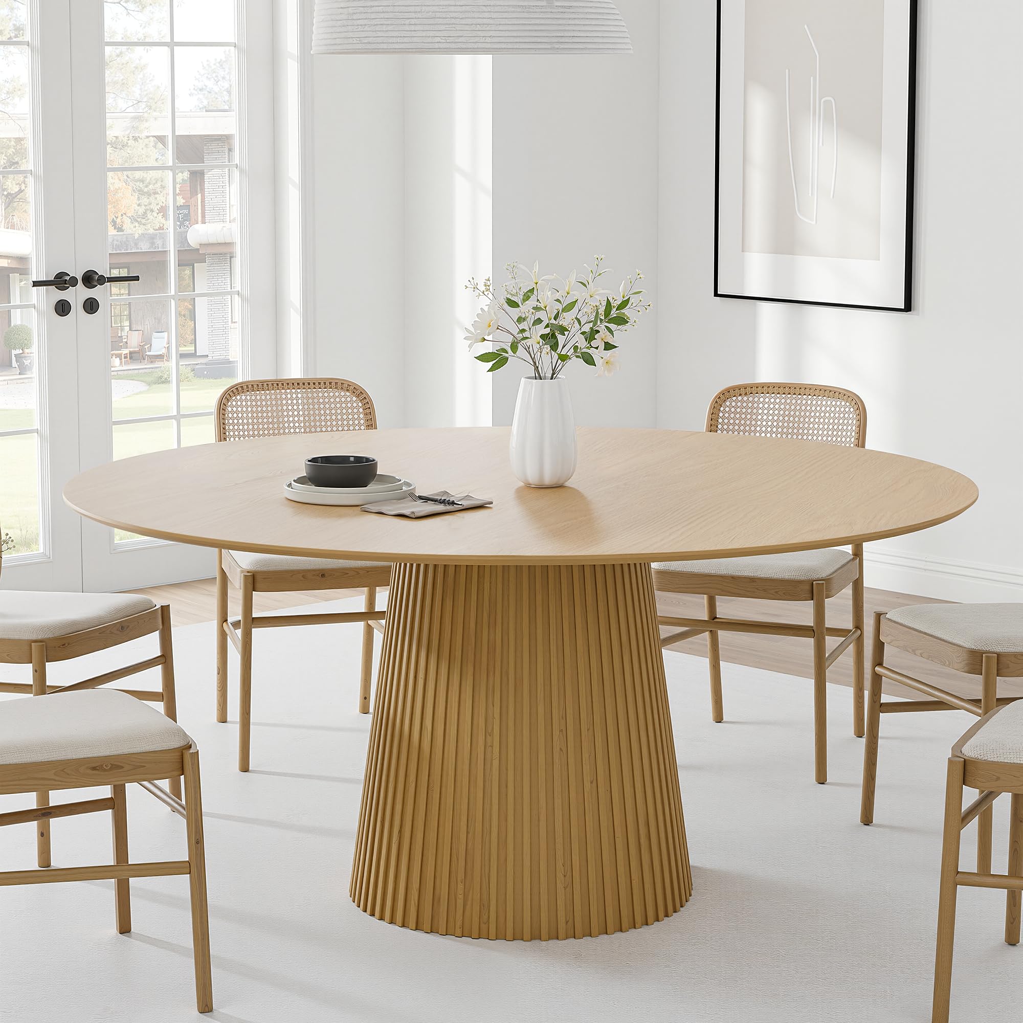 Photo 1 of *PARTIAL SET - See Clerk Notes*
Casaphoria 60" Round Dining Table, Modern Wood Kitchen Table with Cone Grating Bar Base for Living Room & Dining Room, Easy Assembly Farmhouse Furniture for 4-6, Oak