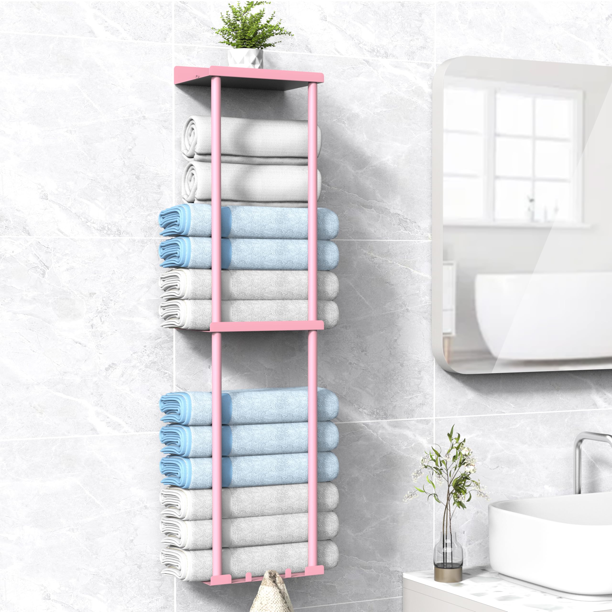 Photo 1 of Liuoud Towel Rack for Bathroom, Wall Mounted Vertical Rolled Towel Storage Organizer Holder with Shelf, Holds Up 6 Large Bath Sheets, Pink