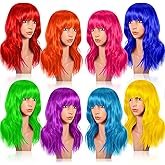 Crowye 8 Pcs 12" Colorful Party Wigs Shoulder Length Wigs for Women Wavy Bob with Air Bangs Curly Short Synthetic Colorful Costume for Cosplay Bachelorette Party(Rainbow Color)