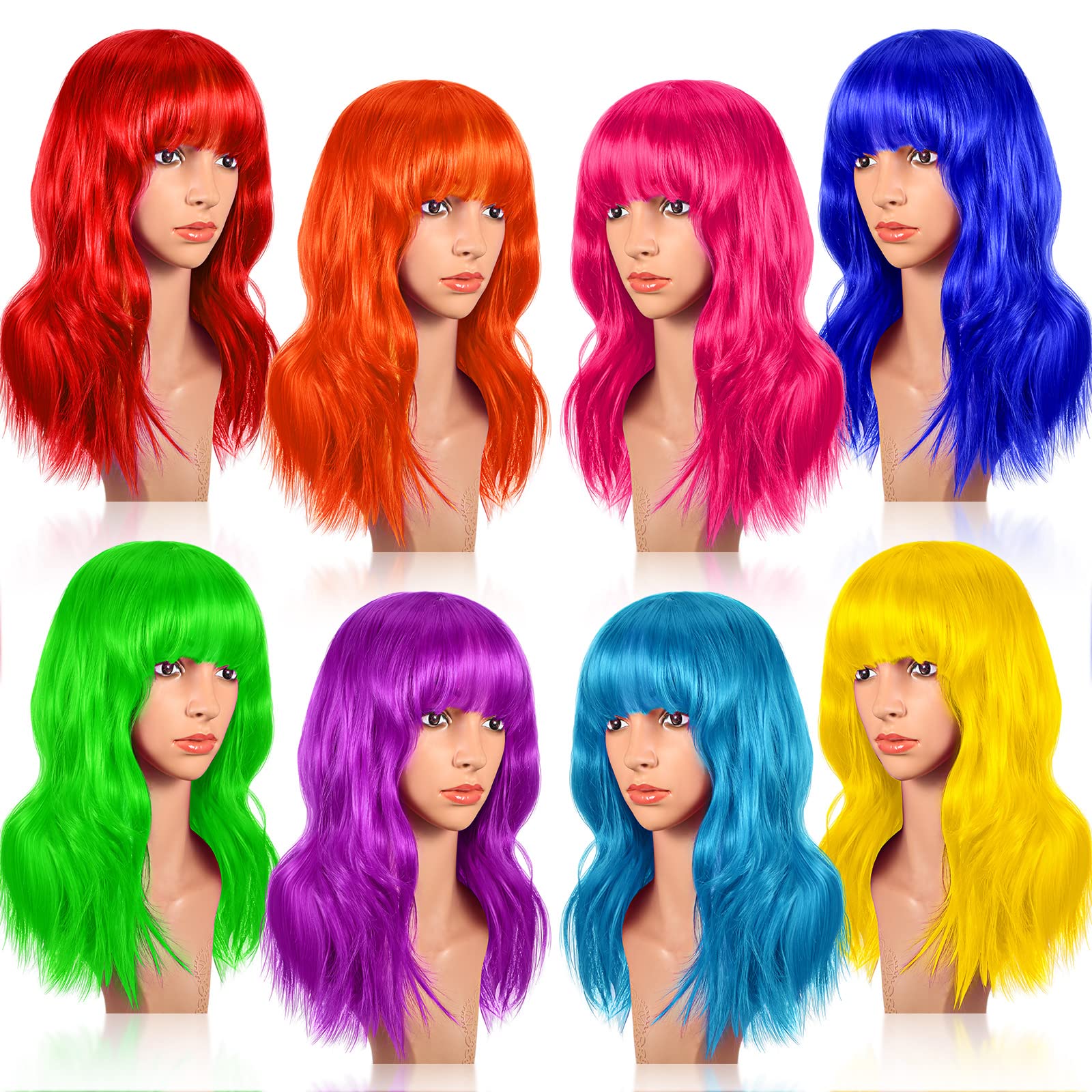 Photo 1 of Crowye 8 Pcs 12" Colorful Party Wigs Shoulder Length Wigs for Women Wavy Bob with Air Bangs Curly Short Synthetic Colorful Costume for Cosplay Bachelorette Party(Rainbow Color)