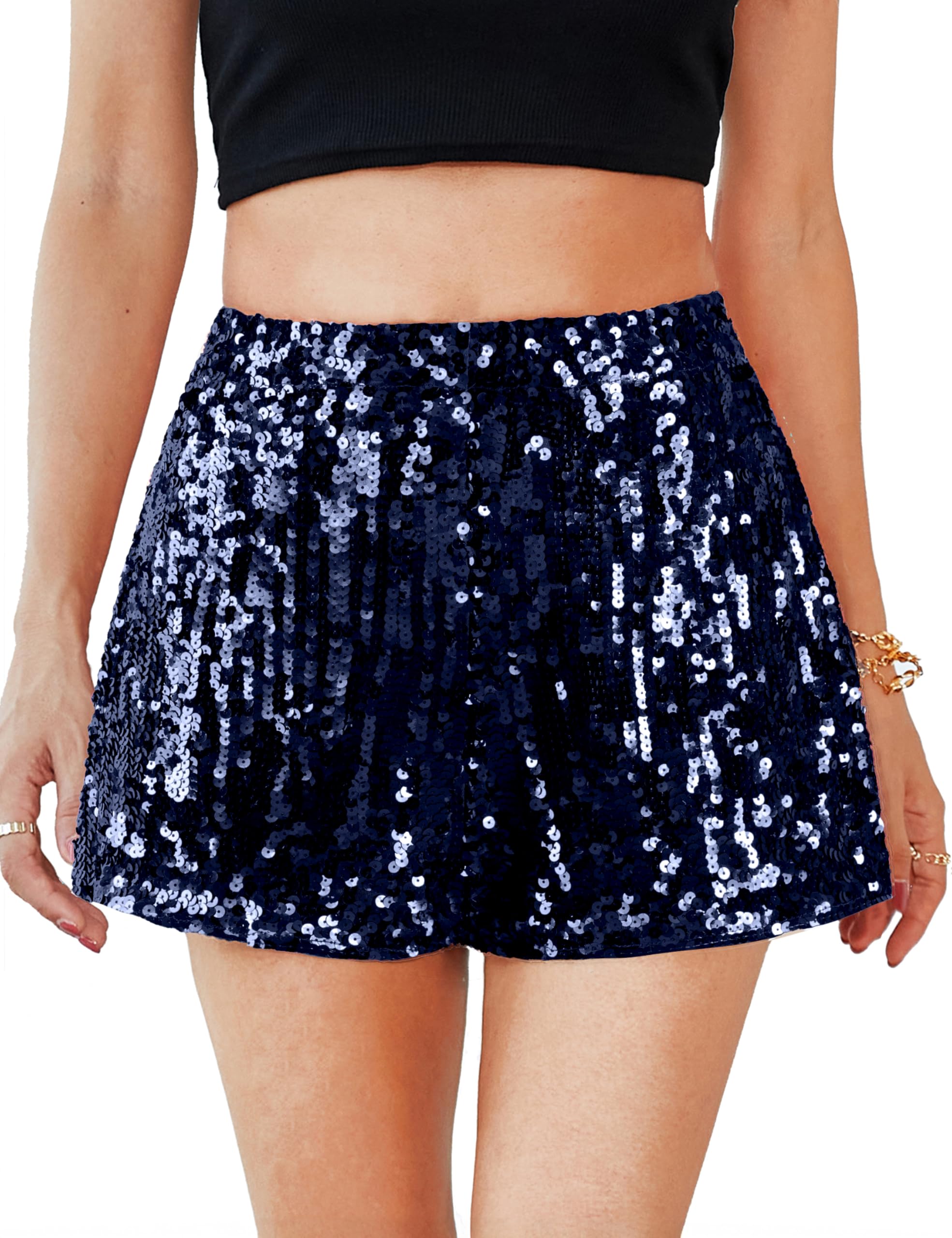 Photo 1 of MANER Women's Sequin Shorts Sparkly Stretchy Night Out Party High Waisted Shorts (S/US 4-6, Navy Blue) size small