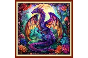 Findvoor Stamped Cross Stitch Kits for Beginners Full Range of Cross Stitching Embroidery Pattern for Kids or Adults, 11CT DIY Needlepoint Embroidery Starter Kits-Colored Dragon Flower 18x18 inch