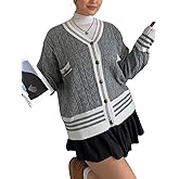 MakeMeChic Women's Plus Size Cardigan Sweater Striped Button Down V Neck Long Sleeve Cable Knit Sweater