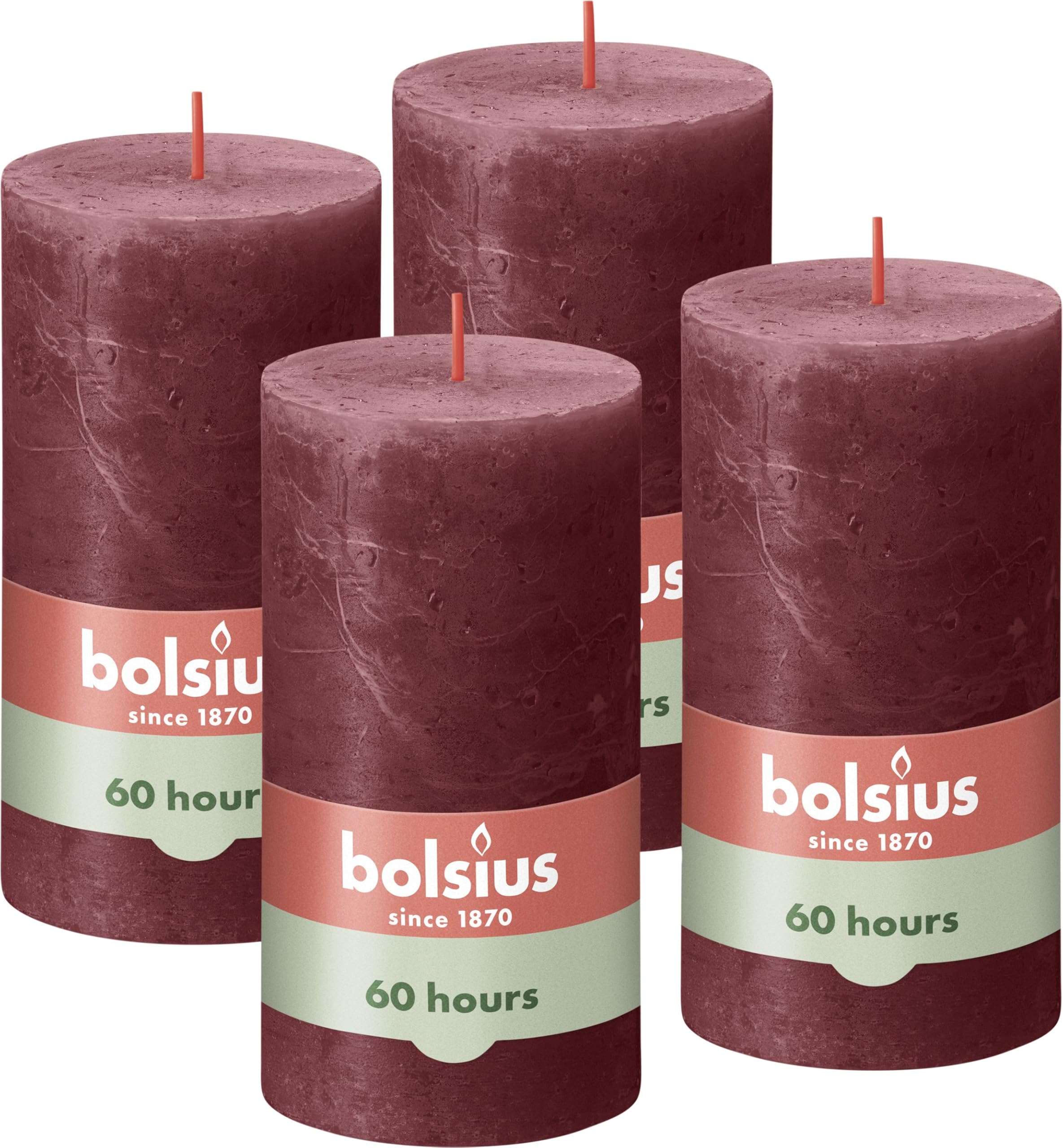 Bolsius Rustic Pillar Candle - Dark Red - Pack of 4 - Long Burning Time of 60 Hours - Household Candle - Interior Decoration - Includes Natural Vegan Wax - No Palm Oil - 13 x 7 cm