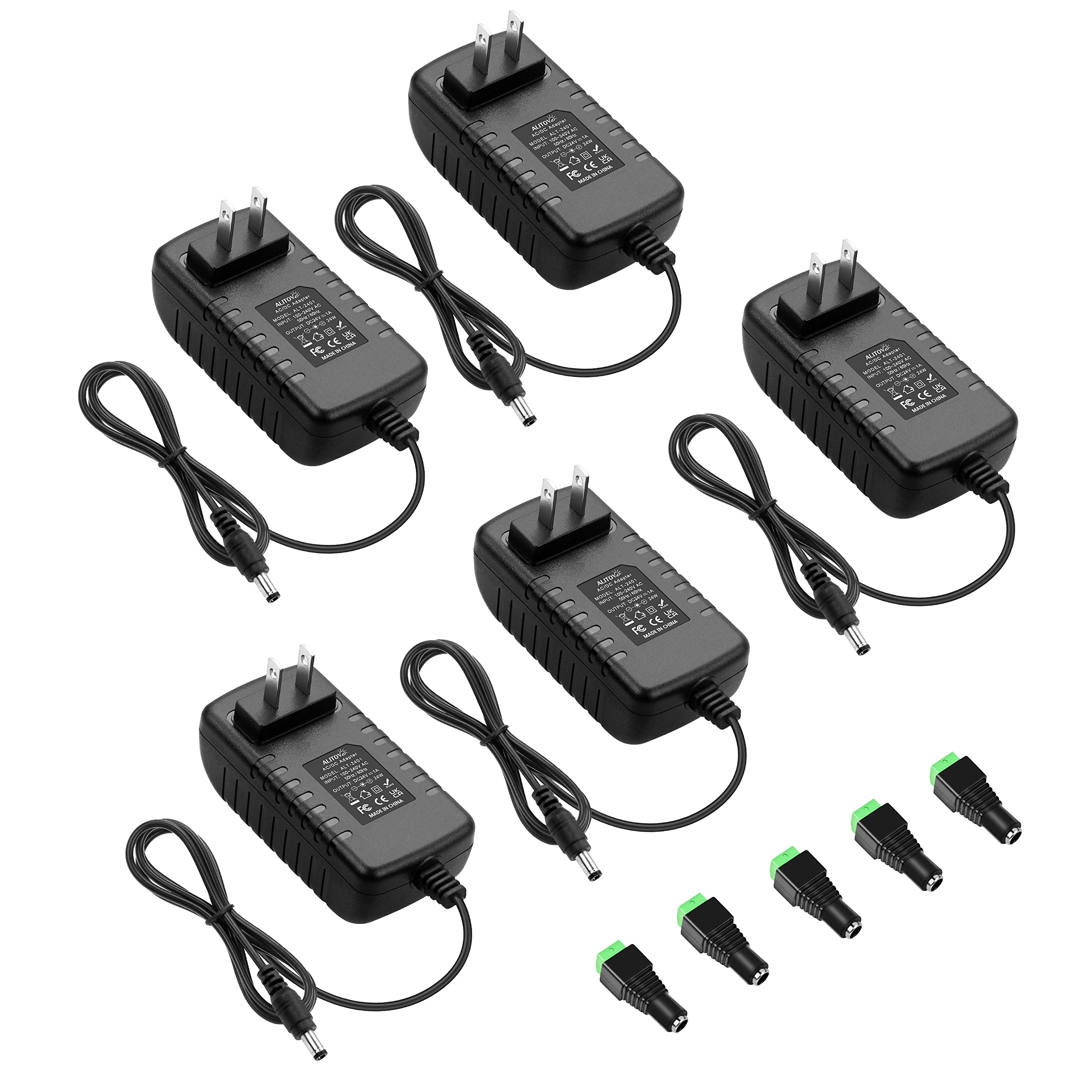 ALITOVE 24 Volt Power Supply DC 1A 24W AC Adapter 24V Transformer Power Cord 1000mA 800mA 650mA 500mA with 5.5mm x 2.5mm 2.1mm Tip for LED Lights CCTV Camera DC Motor Water Pump (5 Pack)