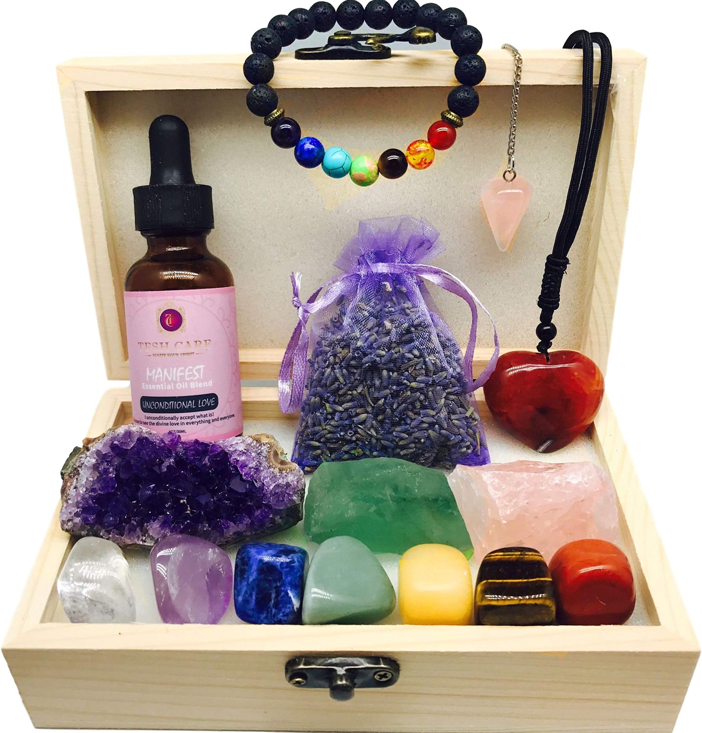 Premium Healing Crystals Set for Love,15 pcs 7 Chakra Stones, 3 Healing Crystals, Love Oil, Chakra Essential Oil Bracelet, Rose Quartz Pendulum, Carnelian Necklace, Wooden Box, Premium Gift for Love