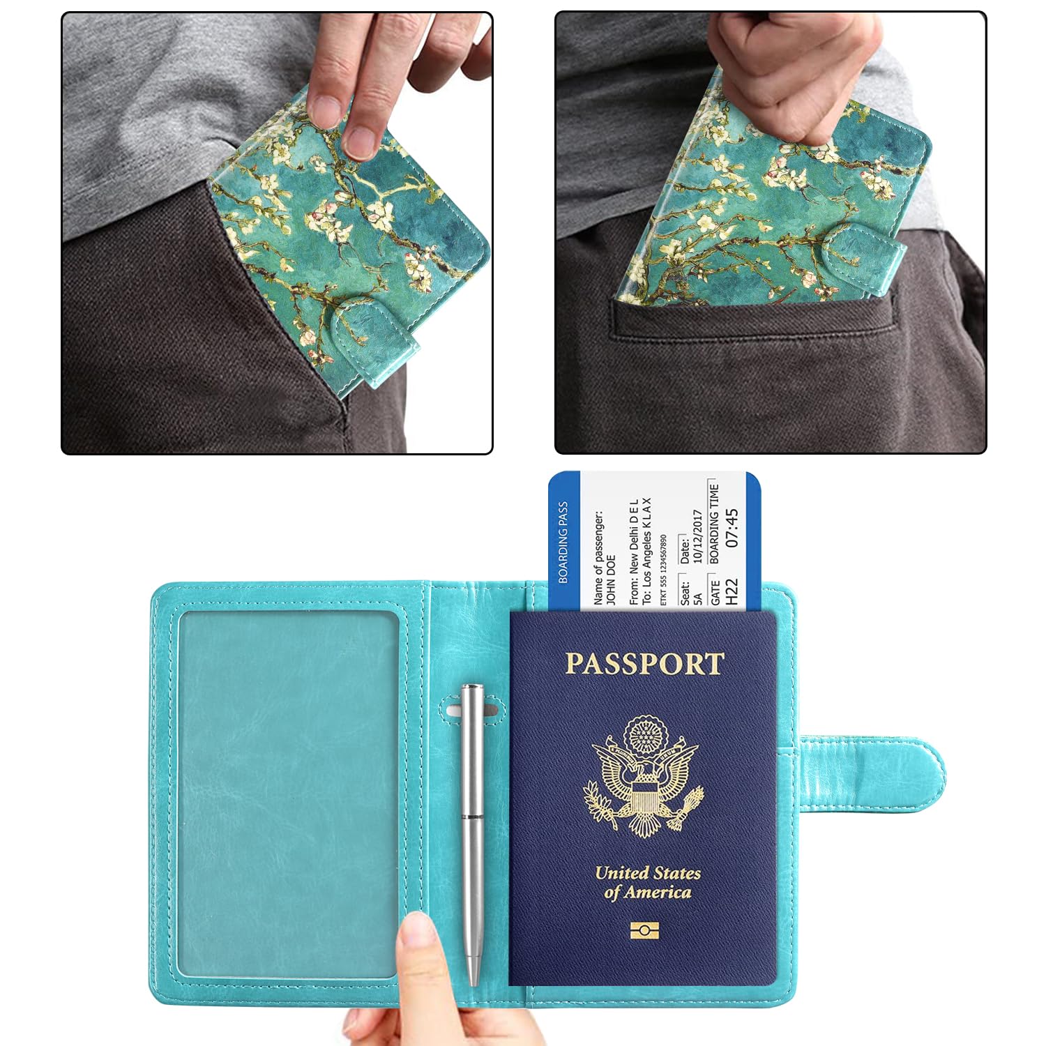 Passport and Vaccine Card Holder Combo, Cover Case with CDC Vaccination Card Slot, Leather Travel Documents Organizer Protector, with RFID Blocking, for Women and Men, Almond Blossom