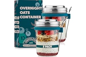 OATOLOGY Glass Overnight Oats Jar Container | Unique Leakproof Stainless Steel Lids, Spoon, Thick Glass | Breakfast Pots Maso