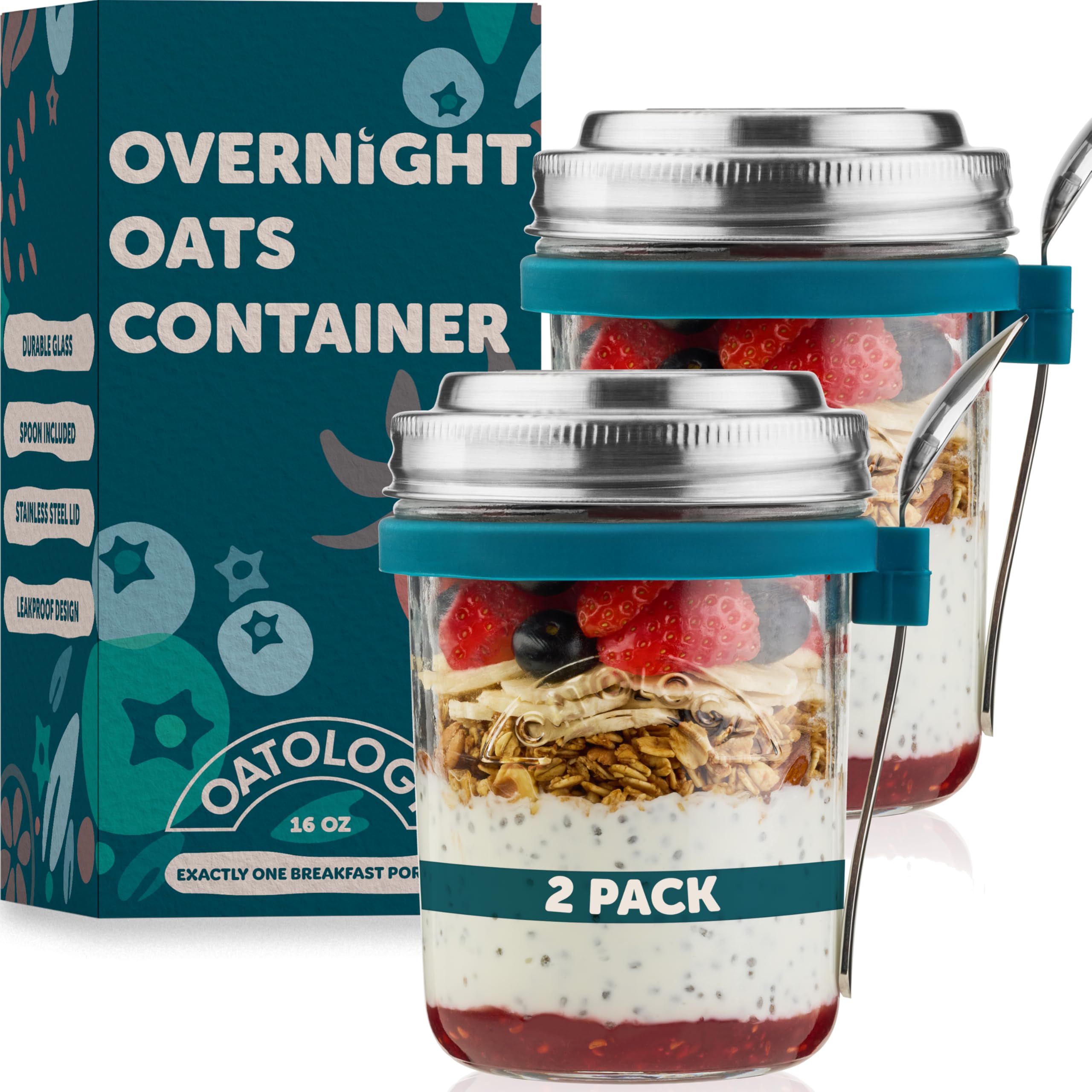Photo 1 of **ONLY ONE** OATOLOGY Overnight Oats Containers with Lids & Spoons - Stainless Steel Lid Leakproof Glass Jars for Chia Pudding & Yogurt for Healthy Breakfast On-the-Go - 16oz Set with Unique Milk Line - 2 Pack