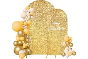JALANCY Set of 2 Sequin Wedding Arch Stand Cover 2-Sided Round Top Spandex Fitted Bling Arch Backdrop Cover Chiara Arch Stand Cover Birthday Party Baby Shower Wedding Arch Decor（7.2FT, 6FT, Gold）