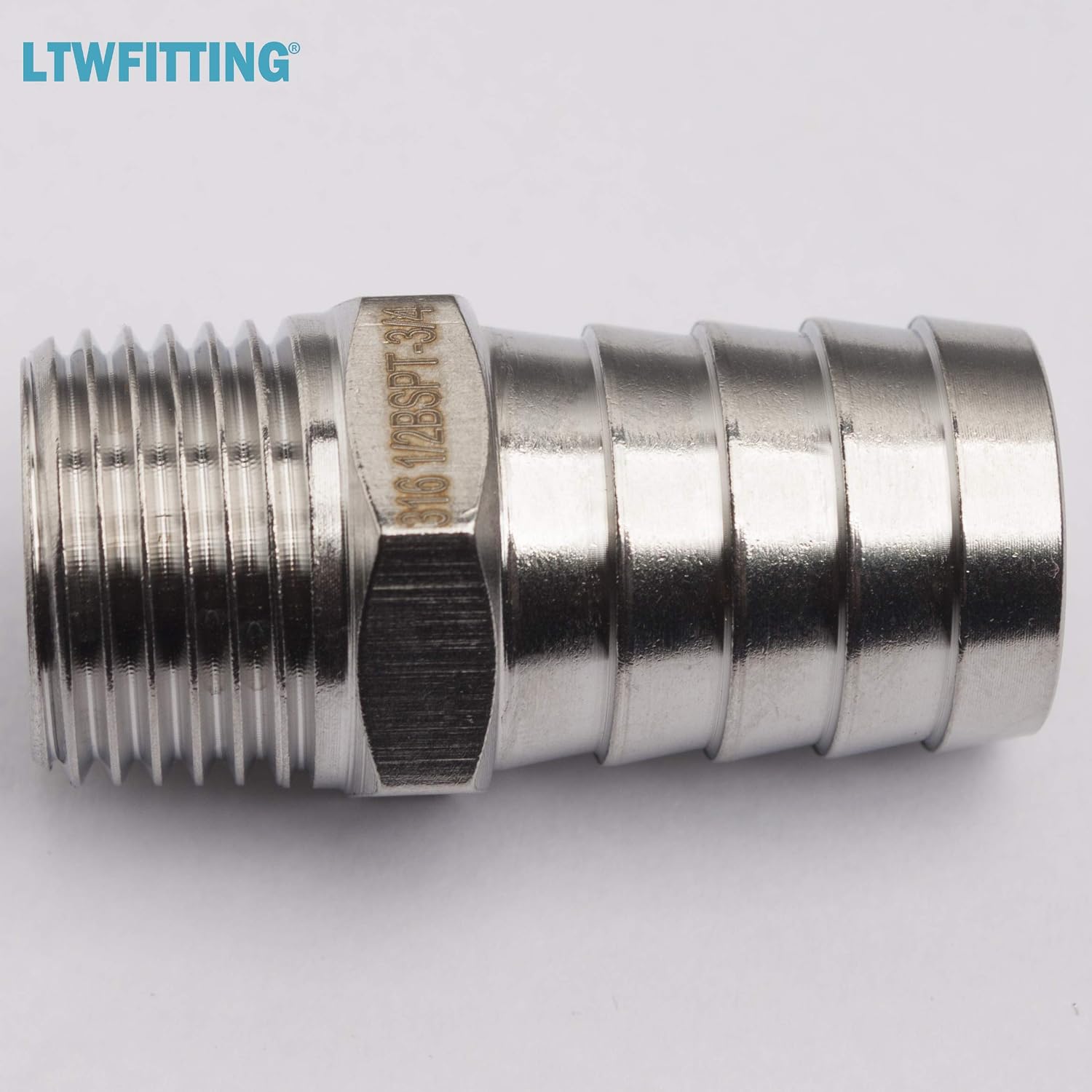 LTWFITTING Stainless Steel 316 Barbed Fitting Connector 1/2" Male BSPT x 3/4"(19mm) Hose Barb Fuel Gas Water (Pack of 5) - Image 3