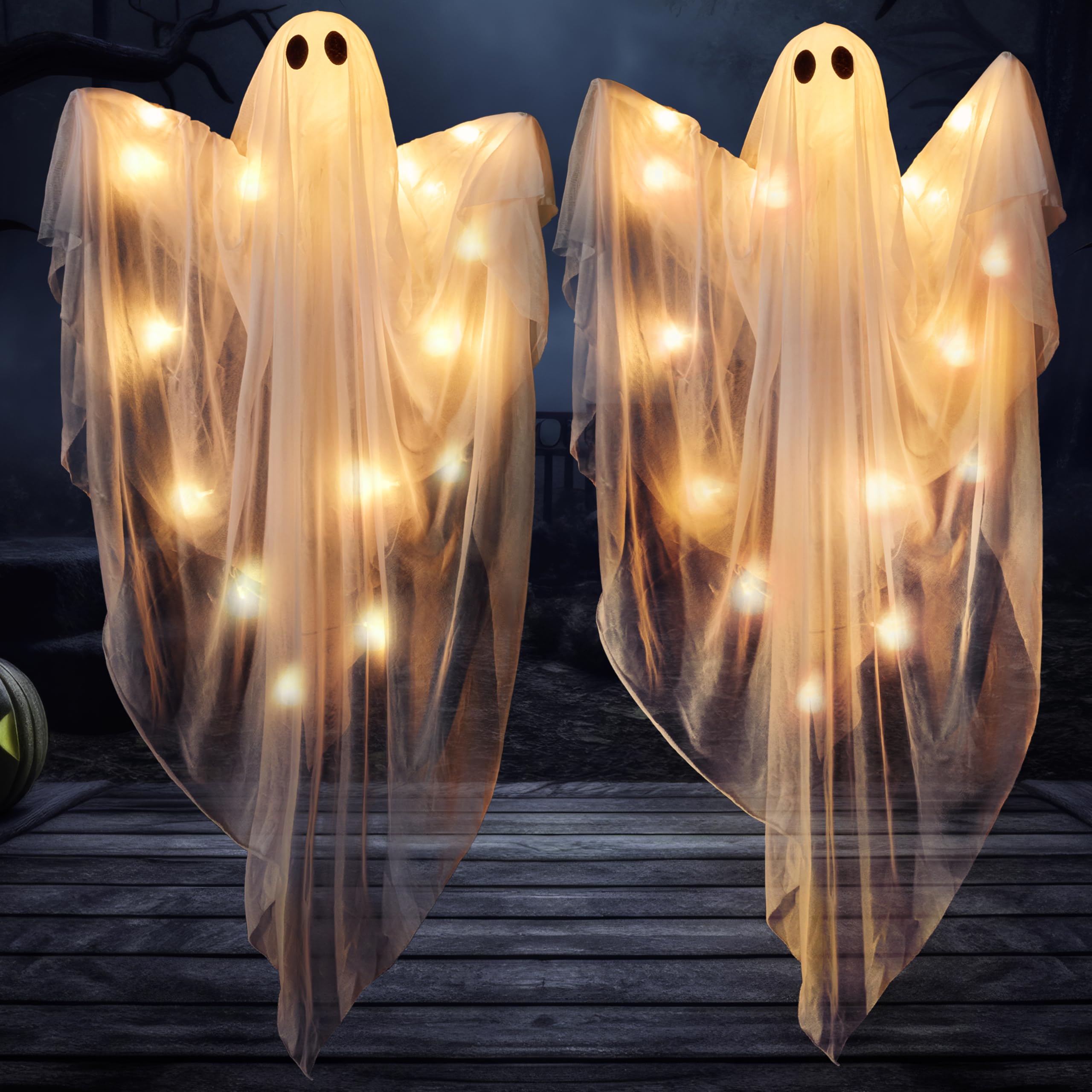 Photo 1 of JOYIN 2 Pcs 47” Halloween Light up Hanging Ghost Decoration Outdoor with Warm LED Light, Halloween Flying Hanging Ghosts for Haunted House Prop, Front Yard Patio Party Decor Indoor Outdoor