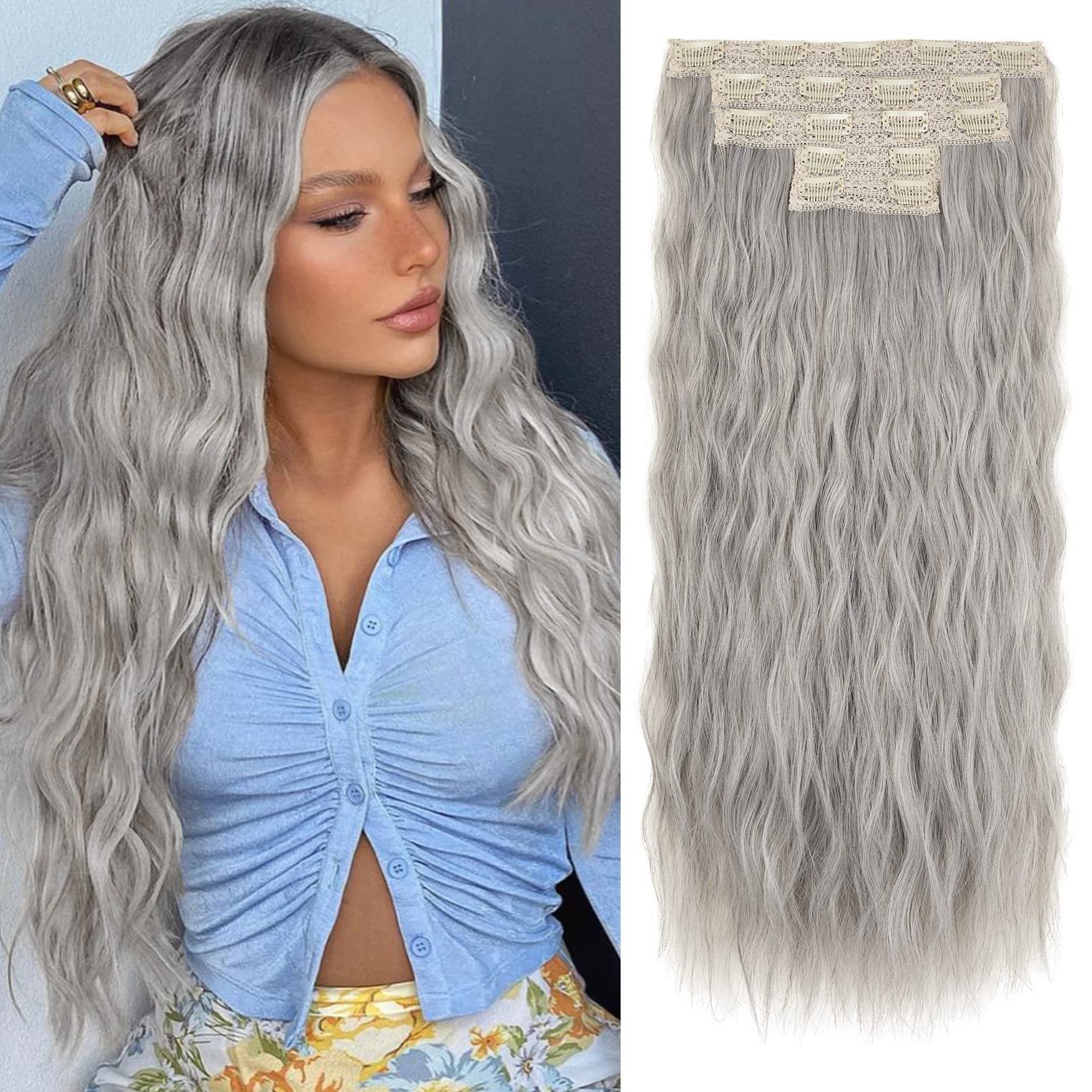 Photo 1 of **different color, please see the second photo**Clip in Hair Extensions, REECHO 5PCS Silver Grey Hair Extensions 24" Thick Long Loose Waves hair extensions HE002 Invisible Lace Weft Natural Soft Hairpieces for Women – Silver Grey