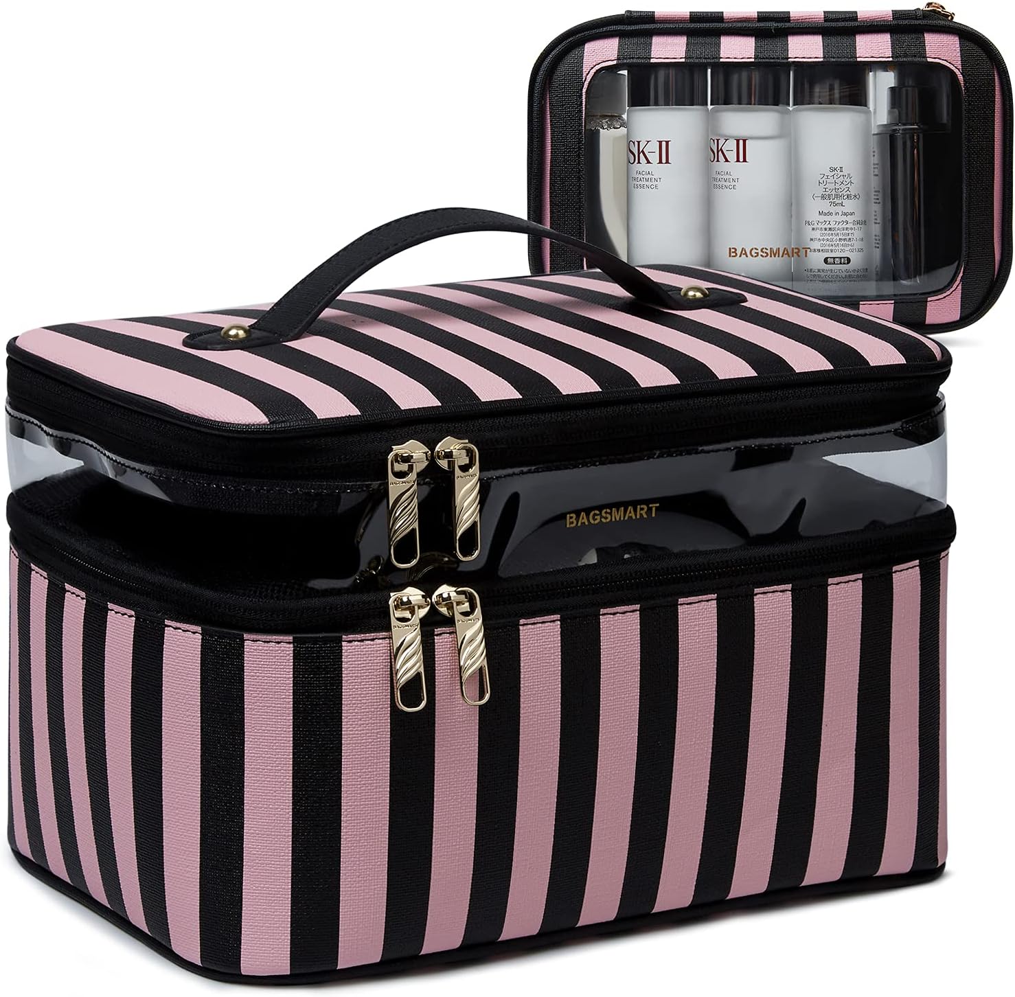 Travel Makeup Bag, BAGSMART Extra Large Cosmetic Bags Double Layer with Adjustable Dividers, Leather Makeup Bags Water-resistant Leather with Portable Clear Travel Makeup Cases, for Makeup, Cosmetics Tools, Brushes