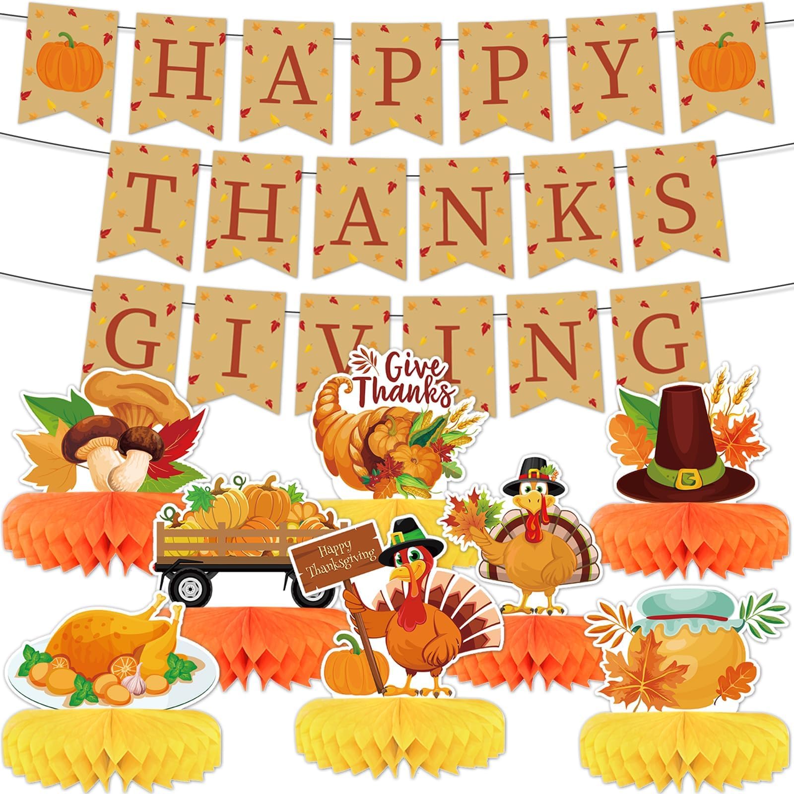 Photo 1 of 10pcs Thanksgiving Table Decorations Thanksgiving Honeycomb Centerpiece Party Decoration Thanksgiving Banner Set Fall Table Decor Turkey Pumpkin Truck for Autumn Theme Thanksgiving Party