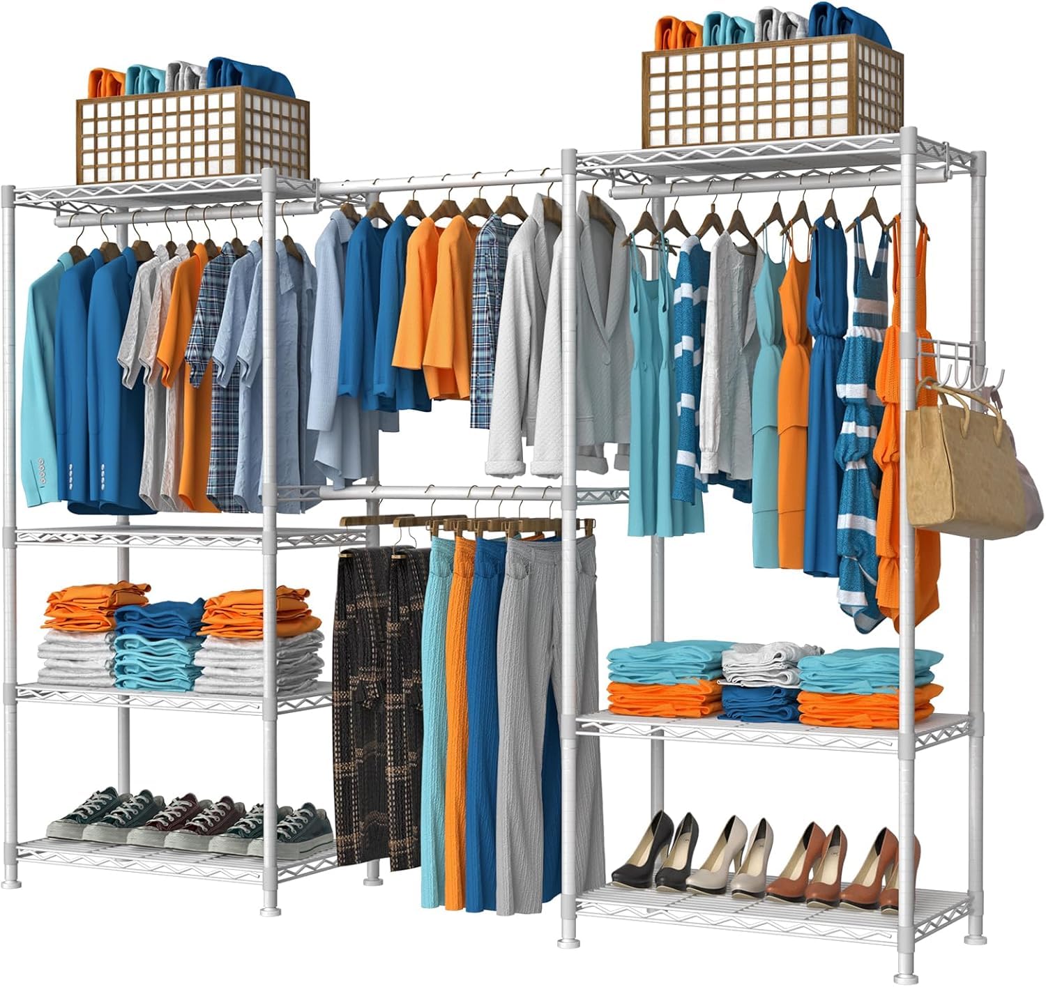 Photo 1 of ***(PARTS ONLY-MISSING PARTS & SELLING AS IS -)*** 
VyGrow Clothes Rack for Hanging Clothes, Adjustable Heavy Duty Clothing Rack with 4 Hang Rods & 7 Shelves, Load 800LBS, 70.47" L x 13.58" W x 76.77" H, White