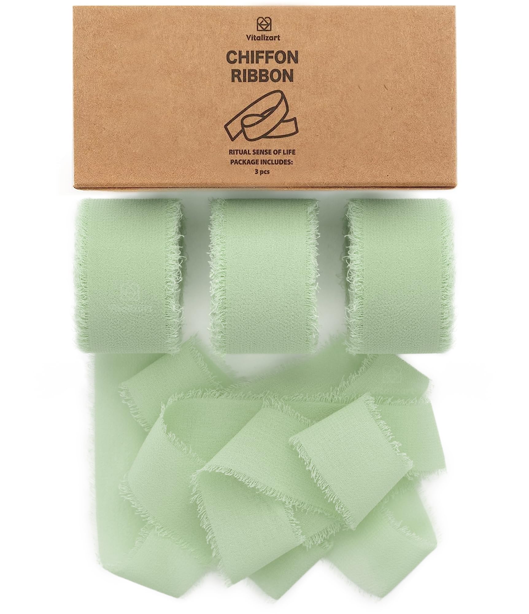 Vitalizart Sage Green Chiffon Silk Ribbon 1" x 21 Yd Fringe Fabric Package (3 Rolls * 7 Yd) for Wedding Invitations Bridal Bouquets Decorations Gifts Wrapping & Bow Making