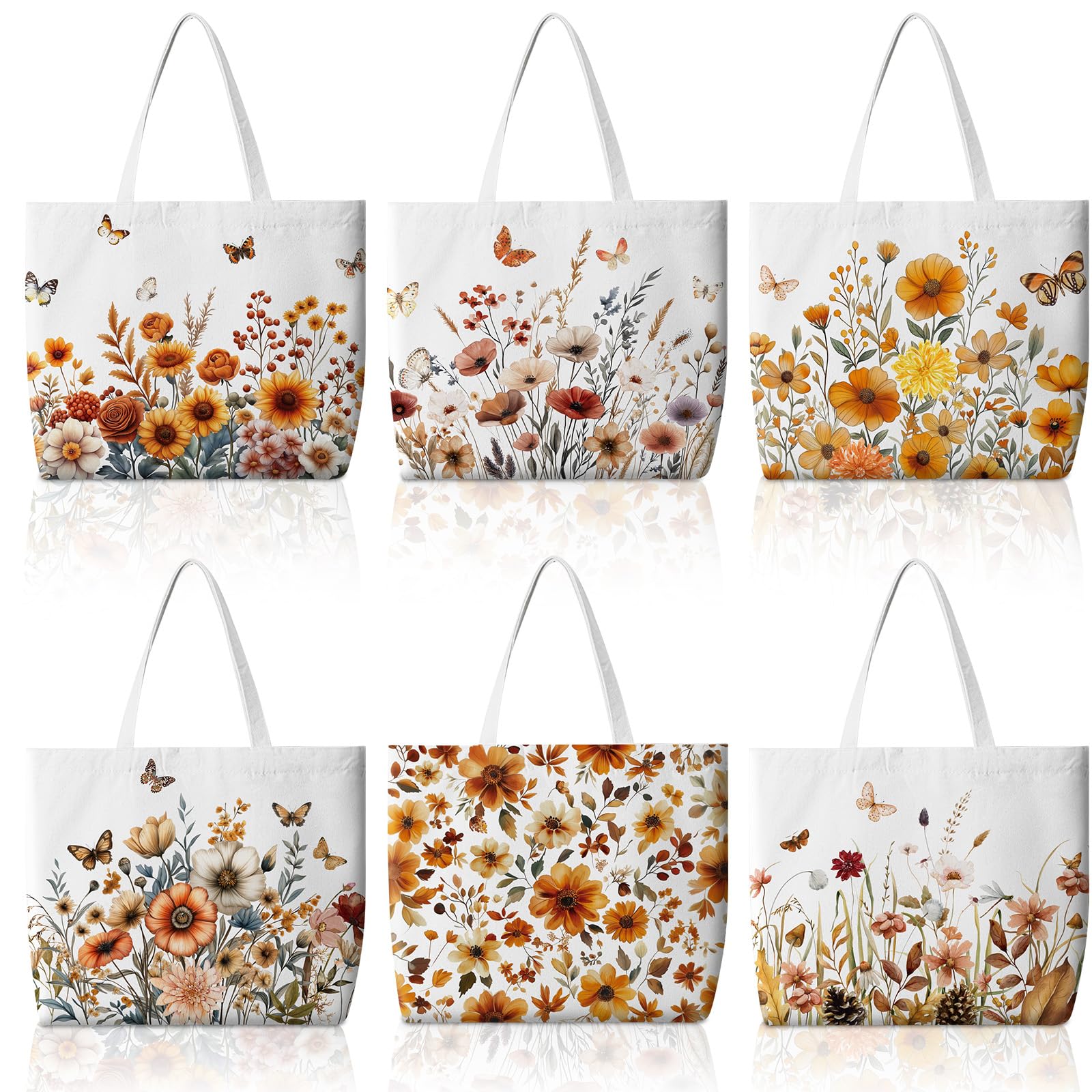Photo 1 of Bencailor 6 Pcs Fall Canvas Tote Bags Bulk Pumpkin Maple Leaf Flowers Reusable Grocery Tote Bags for Women Thanksgiving Gifts(Colorful,Autumn Flowers)