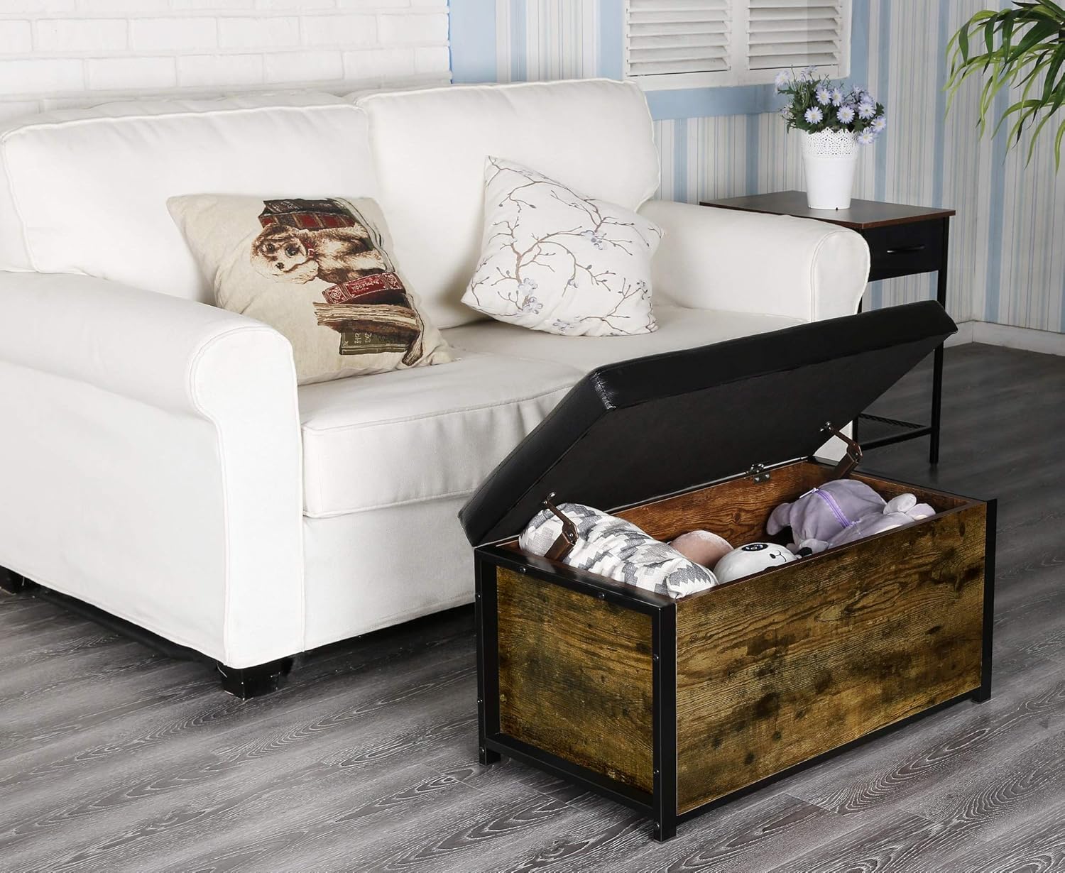 Kamiler Industrial Storage Ottoman Bench,Storage Chest with Faux Leather Padded Seat-Storage,Blanket Organizer for Bedroom,Living Room, Entryway,Hallway: Kitchen & Dining