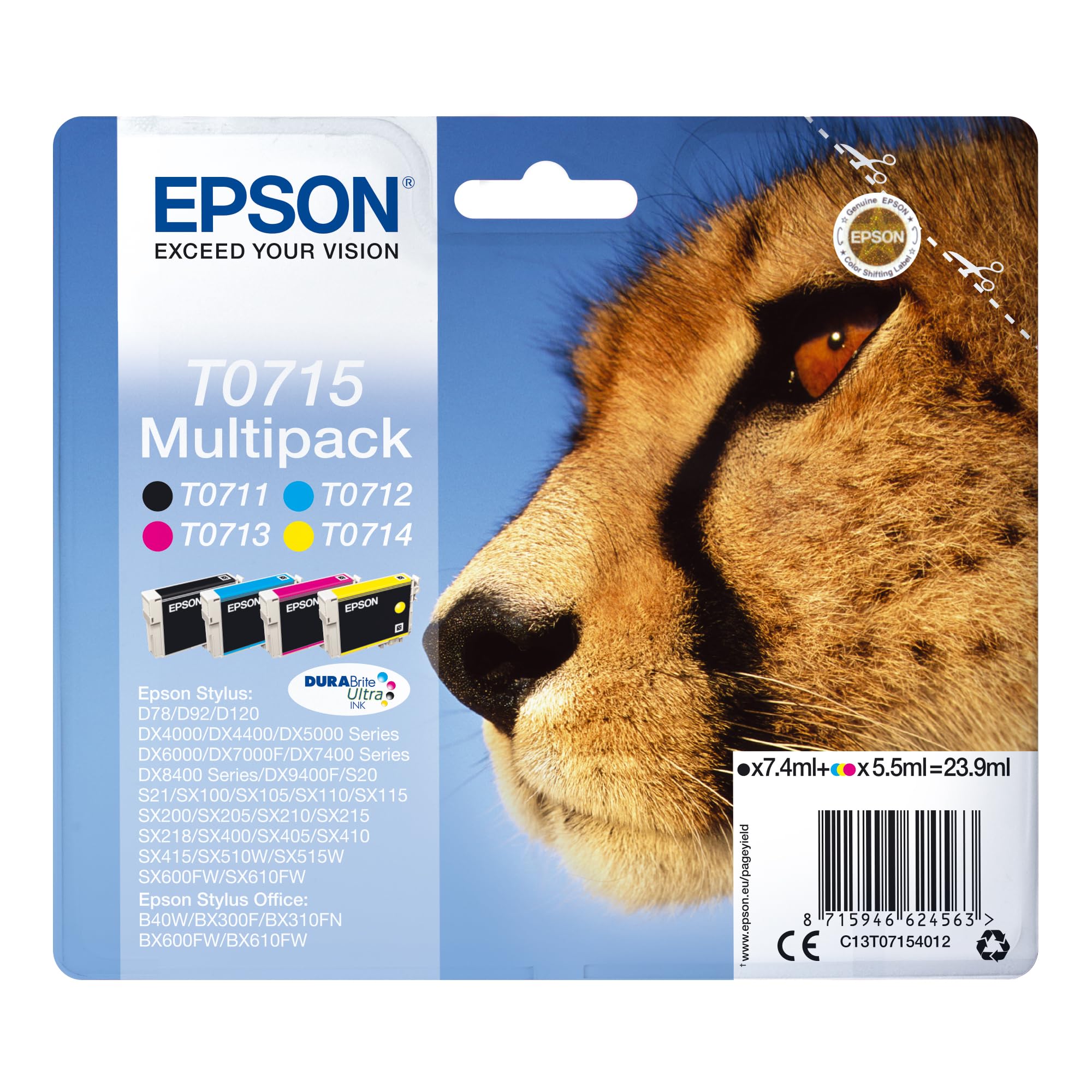 Epson T0715 Black Cyan Magenta Yellow Inkjet Cartridge Value (Pack of 4) C13T07154012