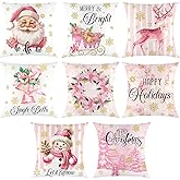 Hosuly 8 Pcs Christmas Pillow Covers - 18 x 18 Inch Pink Santa, Tree, Sleigh, Snowman Gift Throw Pillow Covers - Linen Pillowcase Decorations for Sofa, Couch