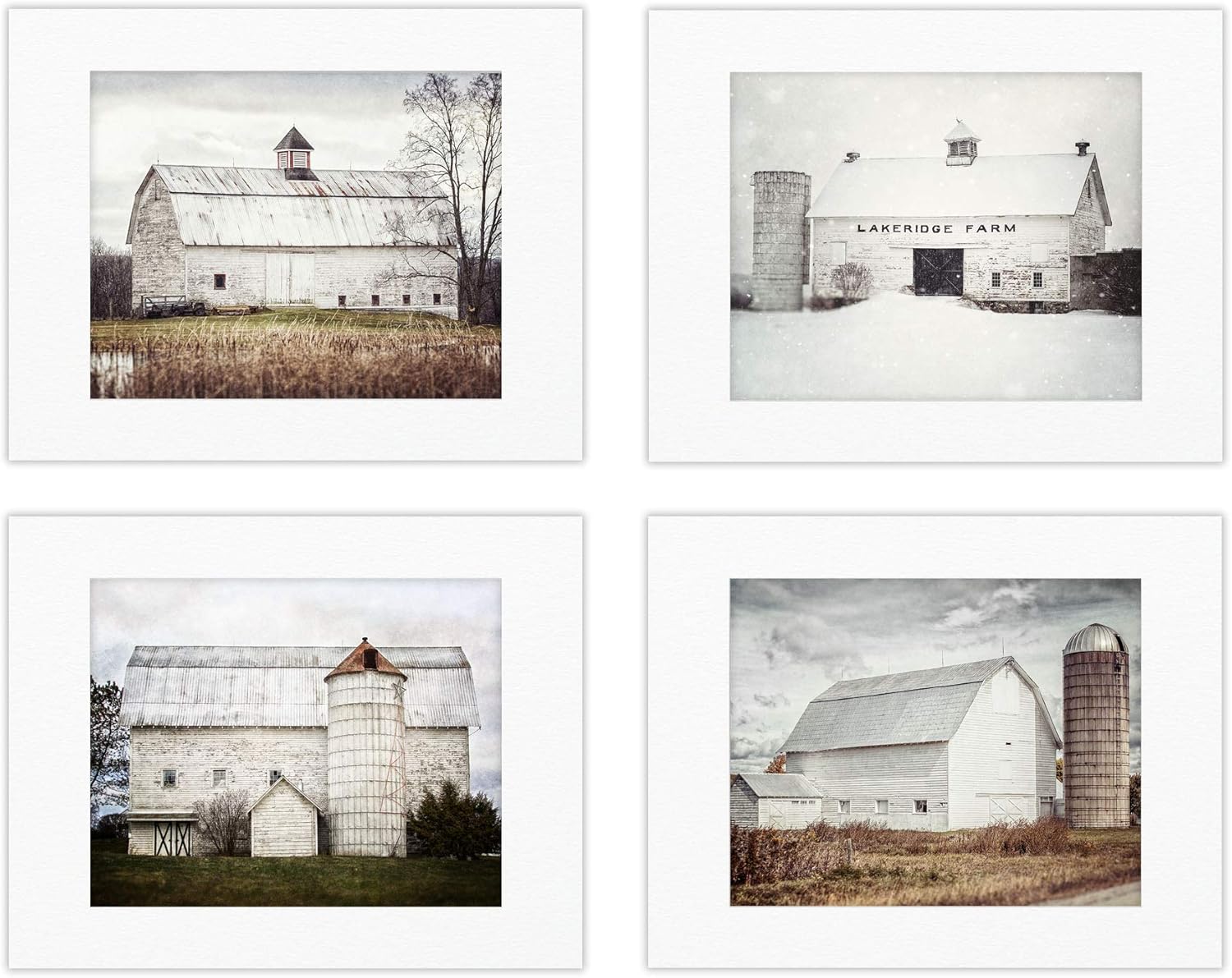 Photographs - Lisa Russo Fine Art - White Seasonal Barn Landscape Prints for Farmhouse Wall Decor - Set of 4 - Not Framed (4 11x14 Prints with 16x20 Mats)