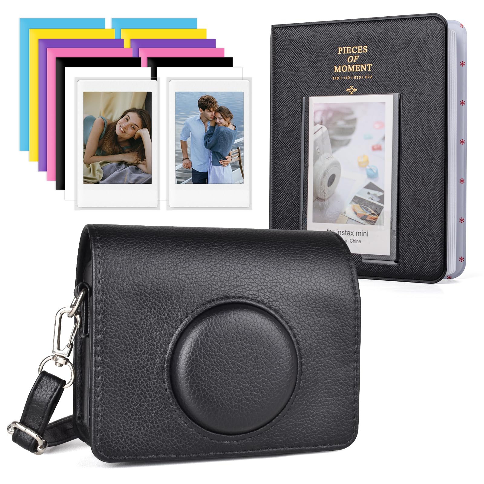 HIYQIN Mini Evo Camera Case with Photo Album/Accessories - PU Leather Protective Case Compatible with Fujifilm Instax Mini Evo Instant Camera - Black+Black