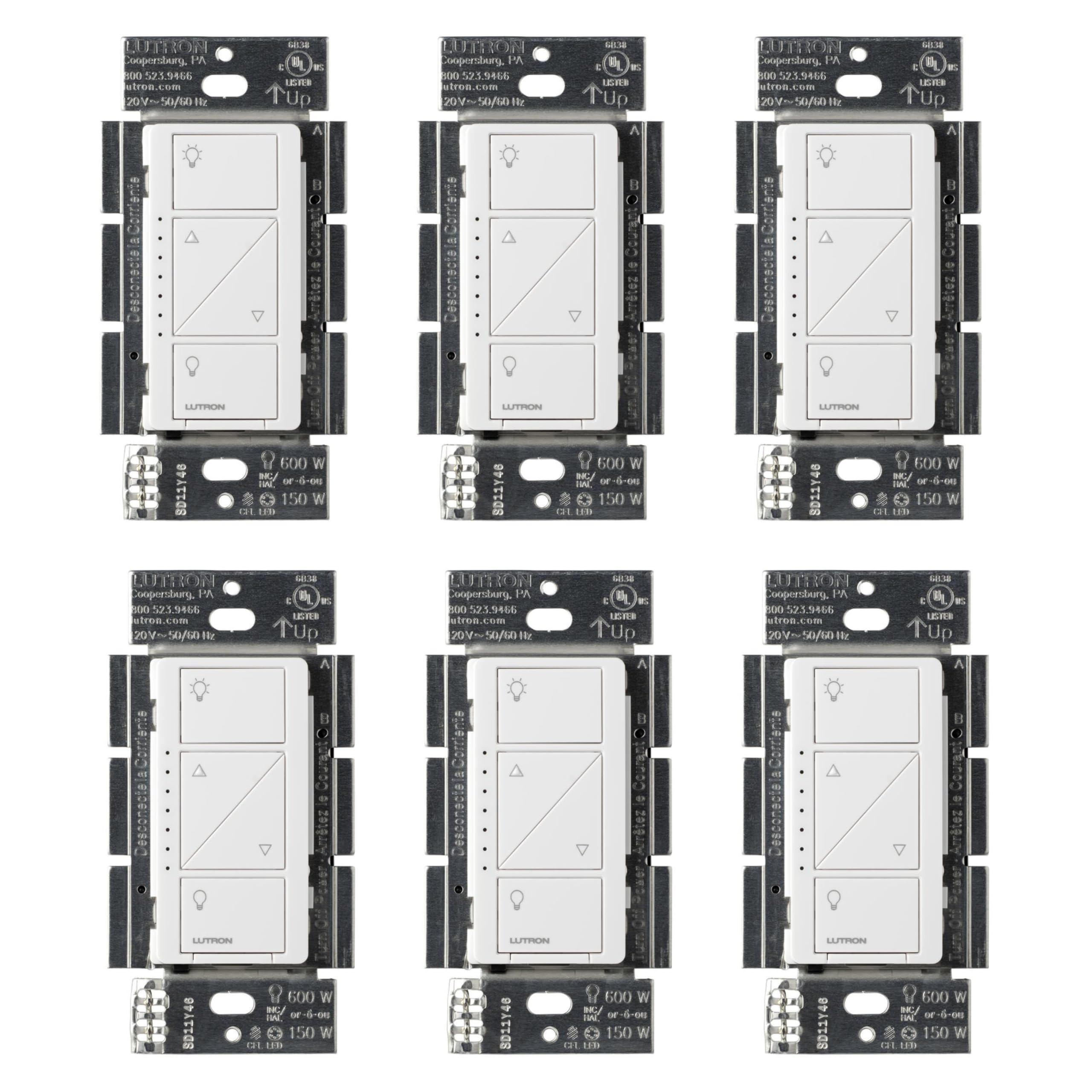 Photo 1 of Lutron Caseta Smart Lighting Original Dimmer Switch, for Light Bulbs, Works w/ Alexa, Apple Homekit, Google Home (Hub Required), No Neutral Required, 150W 3-Way, PD-6WCL-WH-6, White, 6 Pack