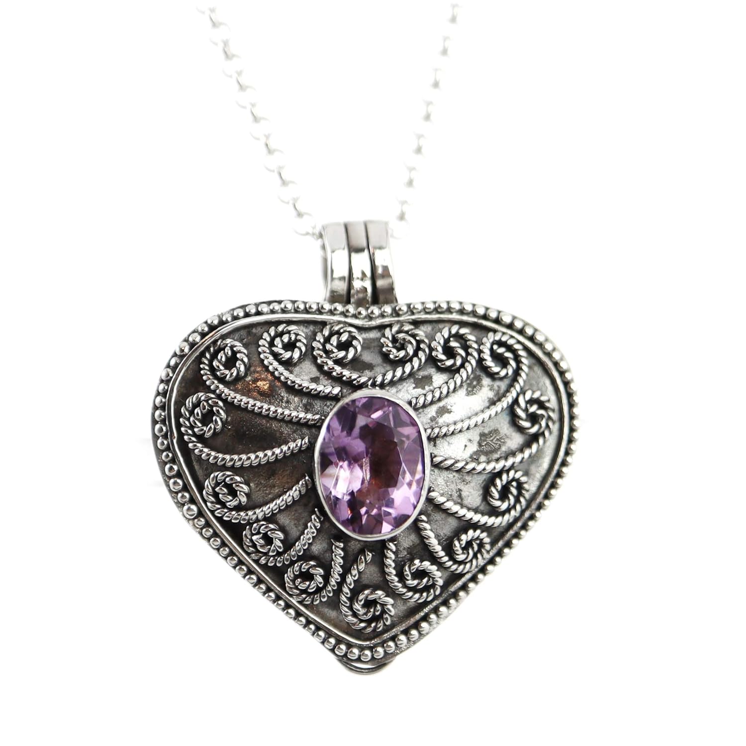 Heart Locket Purple Amethyst Container Pendant Sterling
