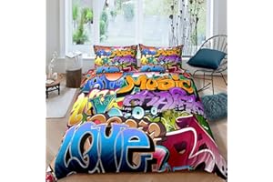 Feelyou Hippie Graffiti Duvet Cover Hip Hop Sports Bedding Set for Kids Boys Teens Rock Music Comforter Cover Set Trippy Abstract Art Quilt Cover with 2 Pillowcases Queen Size