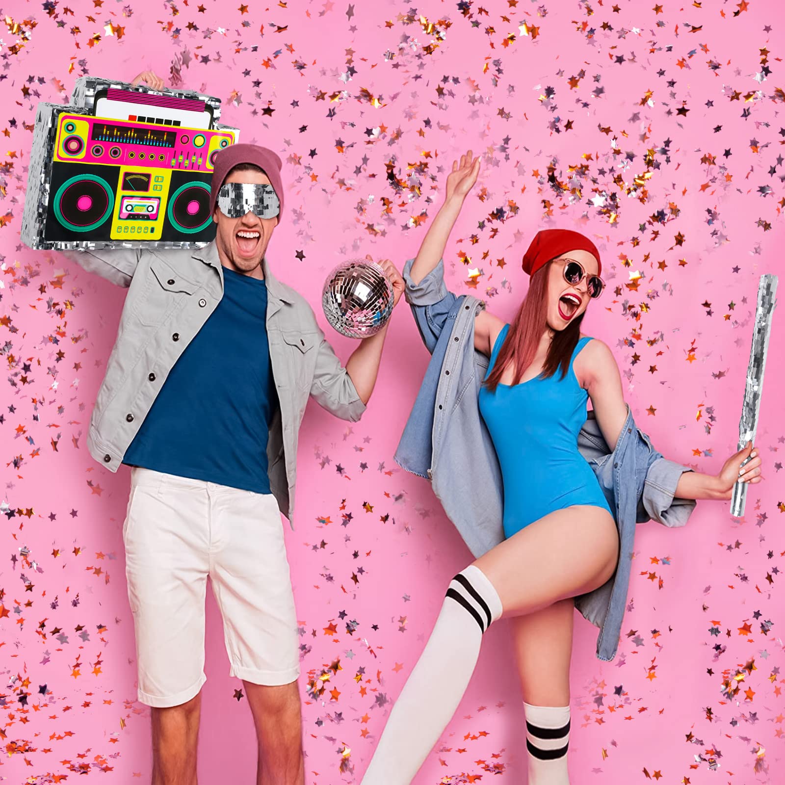 Boombox Pinata with Stick & Hanging Loop Retro 90s Hip Hop Mexican Pinata Game for Back to the 80s Party Nostalgia Large Radio Gifts 70' Theme Birthday Party Decorations Supplies