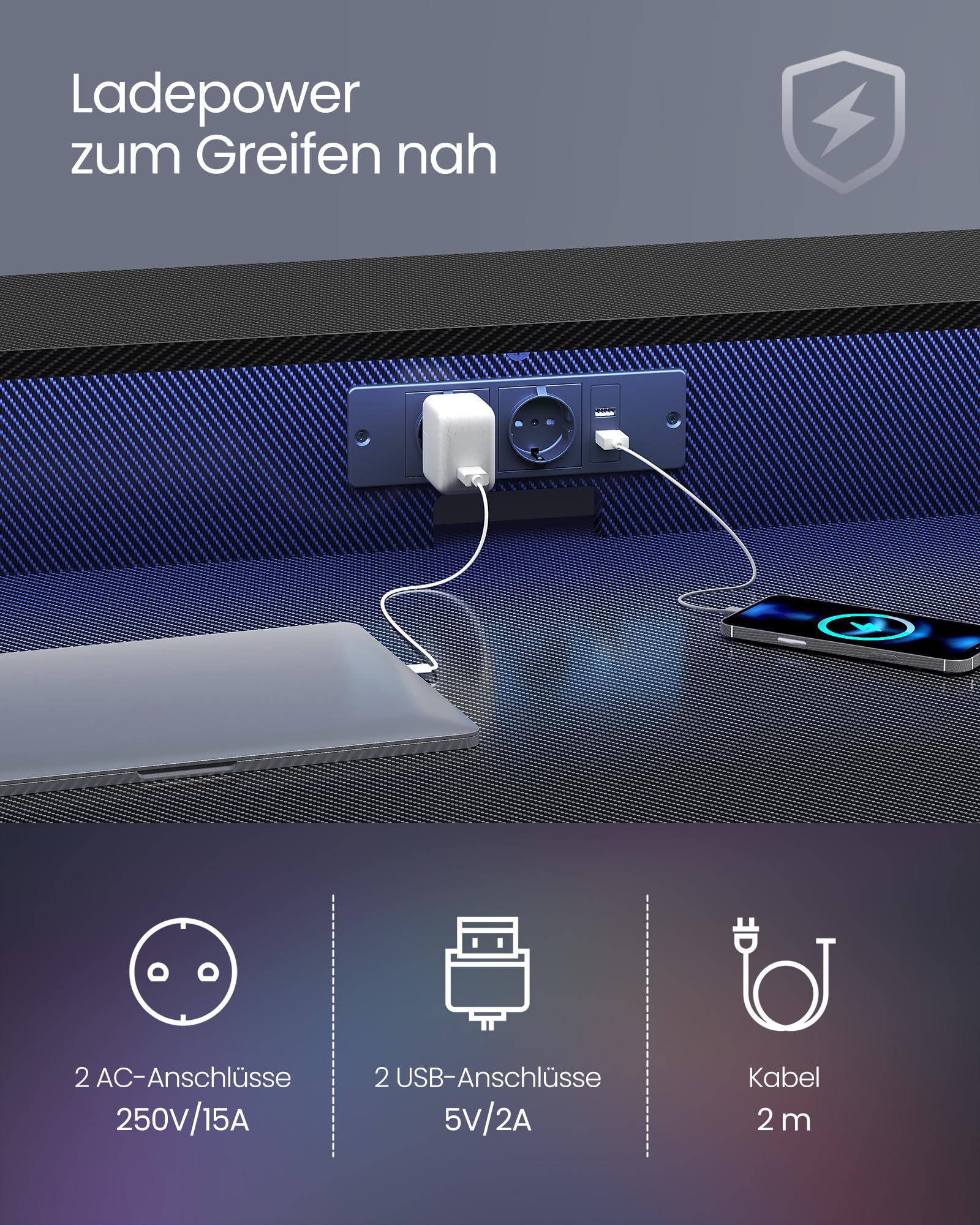 VASAGLE Schreibtisch, Gaming Tisch mit eingebauter Steckdosenleiste, Computertisch, mit Monitorständer für 2 Monitore, Schlafzimmer, 60 x 120 x 76 cm, rußschwarz LWD192B02 4