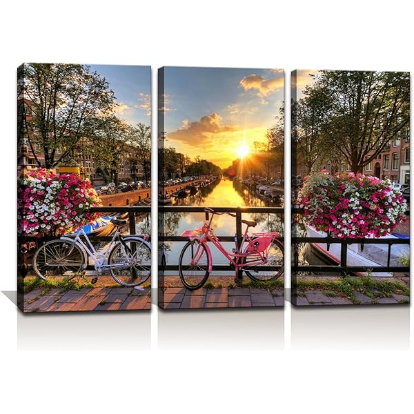 Amazon Com Noah Art Street Art Print Post Sunrise Over An Amsterdam River Modern Cityscape Artwork Street Paintings On Canvas 3 Panel Stretched Street Wall Art For Living Room Wall Decor 14x28inchx3pcs Posters