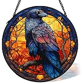 cvjutf Fall Black Raven Crow Suncatcher Stained Glass Window Hanging Decor, Halloween Dark Cottagecore Stained Glass Wall Decor, Gothic Garden Sun Catchers Indoor Window Hanging Wall Art, 7.9x7.9In