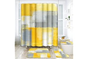 ArtSocket 4 Pcs Shower Curtain Set Yellow Grey Abstract Painting Gray Vintage Retro with Non-Slip Rugs Toilet Lid Cover and Bath Mat Bathroom Decor Set 72" x 72"