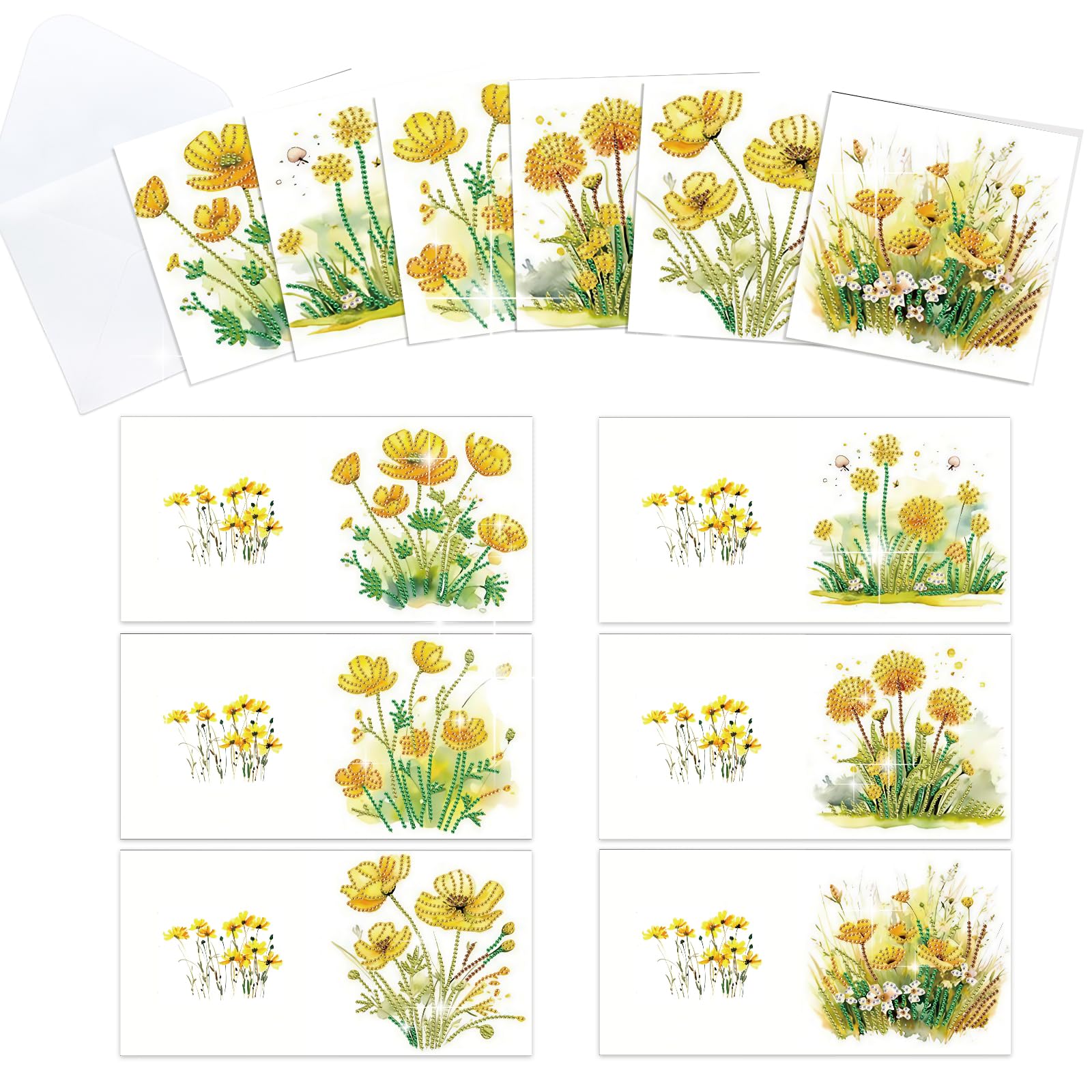 Photo 1 of ***MISSING PARTS*** 6pcs 5D DIY Diamond Painting Kit Greeting Card, Small Yellow Flower Diamond Handmade Greeting Card with Envelope, Holiday Gift Congratulations