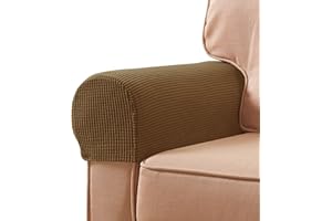 SUBRTEX Stretch Couch Arm Covers Set of 2, Checkered Sofa Arm Slipcovers, Anti-Slip Armrest Covers for Recliner and Armchairs, Pet Proof, High Stretchy, Hook & Loop Tape, Coffee