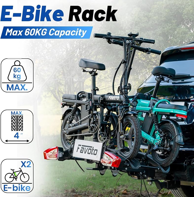 E-Bike Fahrradträger mit Klappbarer Rampe – Aluminium Heckträger für 2 Fahrräder bis 60 kg mit Rücklicht Diebstahlsicherung & Nummernschildhalter max 26x4.0 Reifen