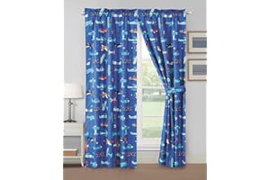 WPM WORLD PRODUCTS MART Blue Skies Airplane Print Curtain Set for Boys Girls Bedroom - 4 Piece Blue Theme With Panel and Tiebacks Design