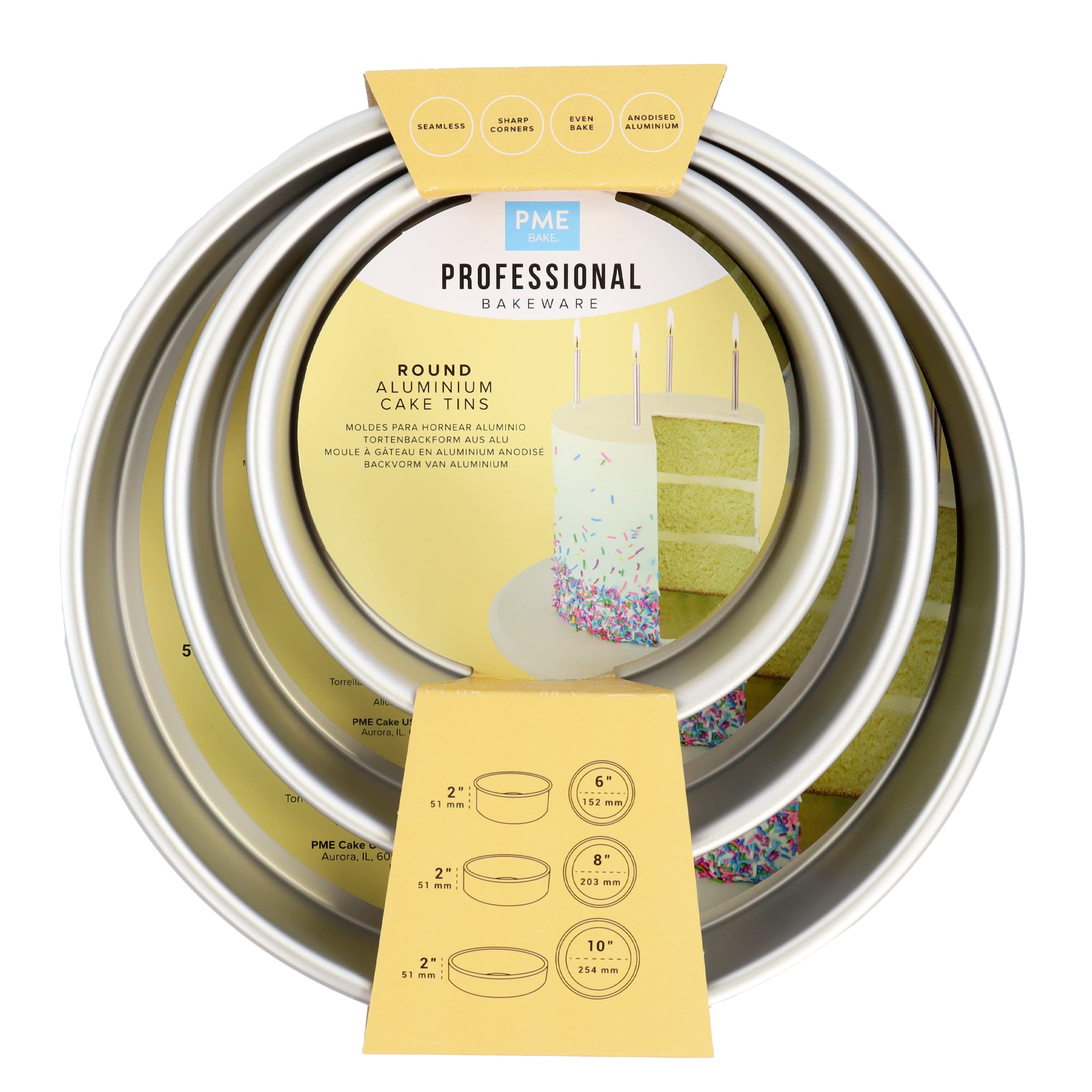 PME - Round Cake Pans 15.2, 20.3, 25.4 cm x 5.1 cm Deep, Set of 3 RNDB68102, Silver