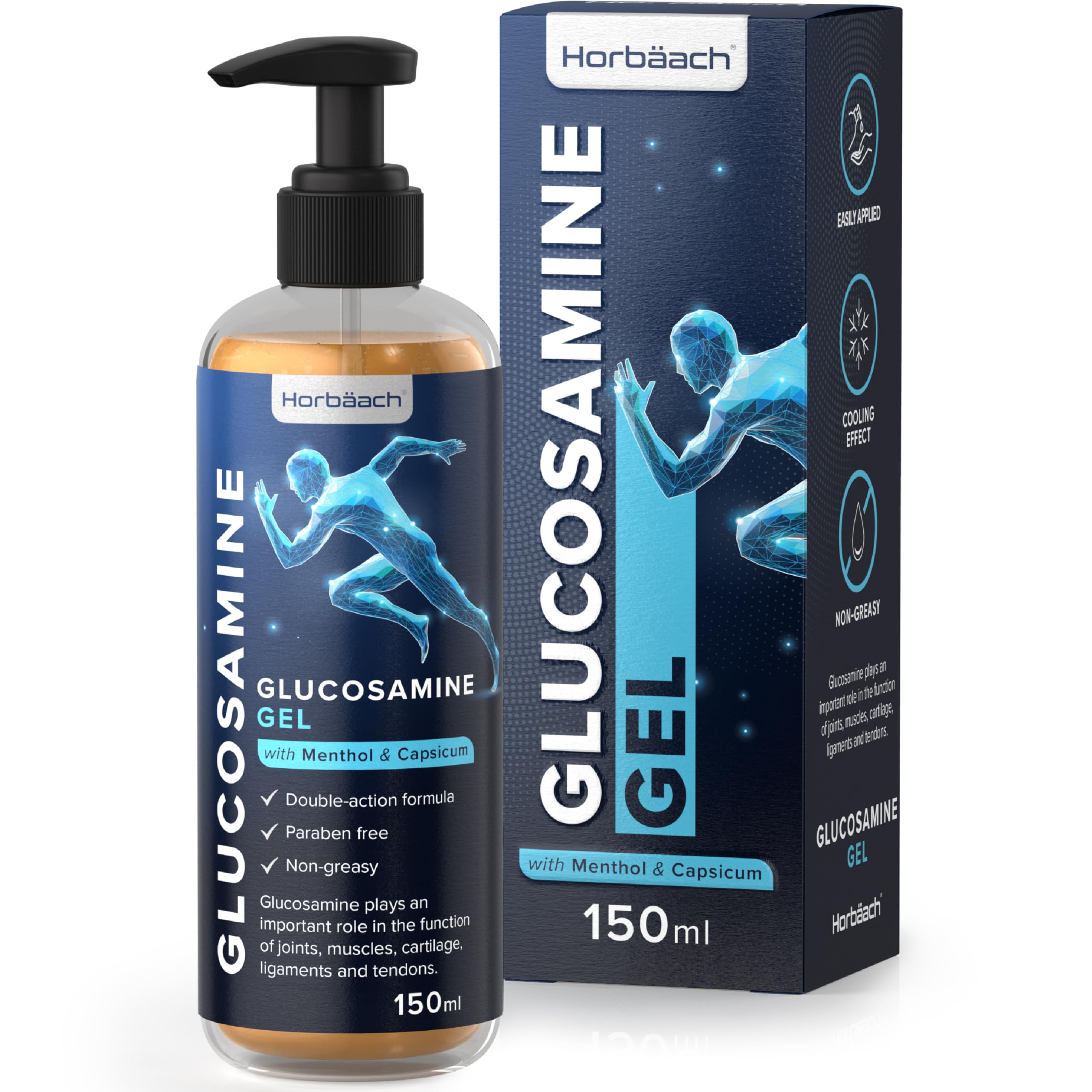 Glucosamine Gel | 150 ml | with Menthol and Capsicum | Cooling Effect | Highly Absorbable, Non-Sticky and Non-Greasy Gel | By Horbaach